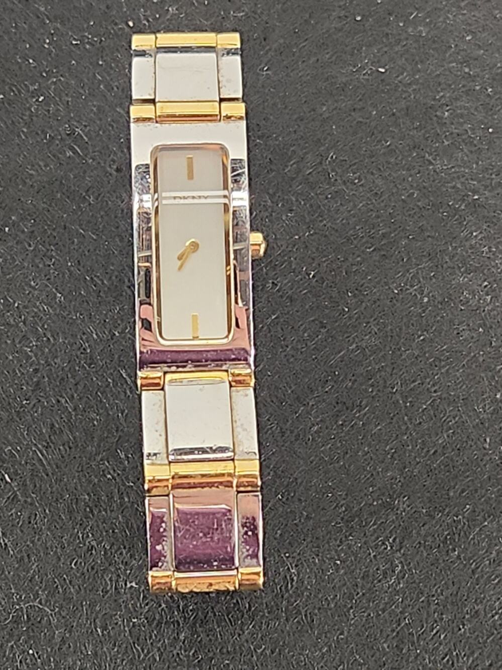 DKNY Women's Two Tone Silver Gold Rectangular Bracelet Watch Pearl Dial